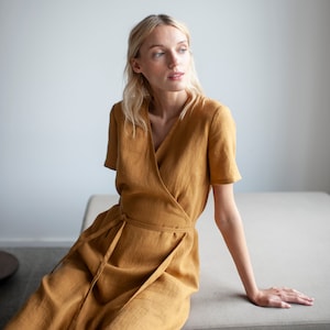 Linen Wrap Dress, Short Sleeve Linen Wrap Dress, Linen Summer Wrap Dress