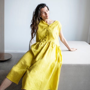 Loose Fit Linen Smock Dress With Buttons, Ruffled Linen Sundress, Buttoned Linen Smock Dress, Linen Summer Dress
