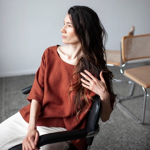 Rusty Linen Blouse, Oversized Linen Top, Green Linen Tunic, Drop shoulder blouse