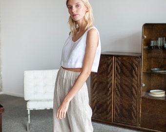 Wide Leg Linen Woman Pants with Pockets, High Waisted Linen Pants With Elastic Waistband, Beige Linen Pants, Long Wide Linen Trousers