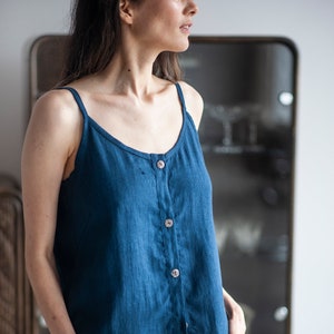 Blue Linen Cami With Straps, Linen Slip Top With Buttons, Basic Linen Top, Linen Tank Top, Spaghetti Straps Top, Linen Camisole With Straps