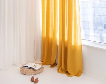 55"/140 Cm Wide Long Linen Curtain with Grommets, Honey Yellow Linen Window Drape, Linen Eyelet Curtain Panel, Linen Grommet Curtain