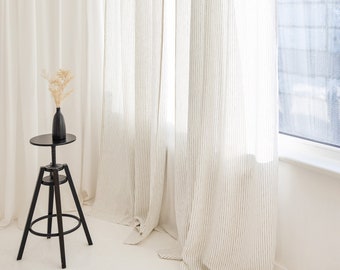 55"/140 Cm Wide Extra Long Linen Curtain, White Linen Window Drape, Softened Linen Curtain Panel, Milky White Pinstripe Linen Custom Curtain