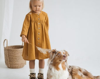 Girls Linen Dress With Buttons, Linen Christmas Dress With Long Sleeves, Toddler Linen Boho Dress, Long Sleeves Linen Christmas Dress