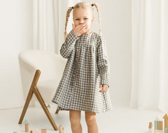 Girls Green Gingham Linen Dress With Buttons, Linen Christmas Dress With Long Sleeves,Toddler Linen Boho Dress,Gingham Linen Christmas Dress