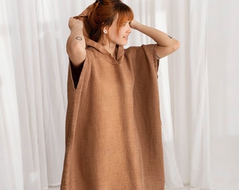 Linen Beach Woman Poncho, Camel Linen Hooded Oversized Poncho, Hooded Women Poncho, Waffle Hooded Beachwear, Linen Beach Towel For Surfers