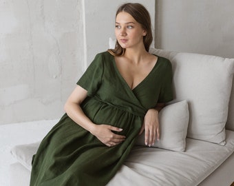 Loose Fit Linen Maternity Tunic Dress, Dark Green Breastfeeding Linen Wrap Dress With Pockets, Pregnancy Linen Dress, Plus Size Dress