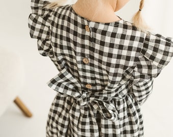 Girls Black Gingham Linen Christmas Dress With Buttons And Ribbon, Festive Linen Dress With Long Sleeves, Long Sleeve Linen Photoshoot Dress