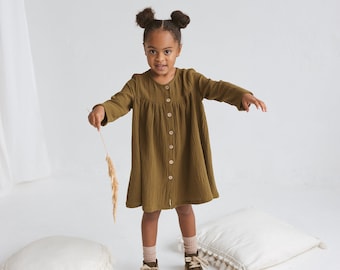 Girls Muslin Dress With Buttons, Olive Green Gauze Dress With Bishop Sleeves, Toddler Cotton Boho Dress, Long Sleeves Muslin Christmas Dress