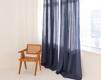 55"/140 Cm Wide Navy Blue Windowpane Linen Curtain, Long Window panel, Custom Linen Curtain, Kitchen Linen Curtain, Bedroom Linen curtain