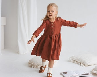 Girls Christmas Dress With Buttons, Rust Linen Dress With Long Sleeves, Toddler Linen Boho Dress, Long Sleeves Linen Christmas Dress