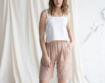 Shorts de linho cor pêssego de cintura alta com elástico na cintura, shorts bermuda de linho, shorts de linho de cintura alta com bolsos, shorts de linho para o verão.