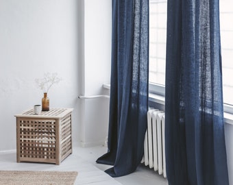 Pannello per tenda in lino blu scuro lavato a pietra, drappeggio per finestra su misura