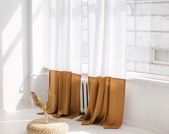 55"/140 Cm Wide Amber Color Block Linen Curtain, Long Linen Window panel in two colors, Color Block Linen Curtain, Bedroom Linen curtain