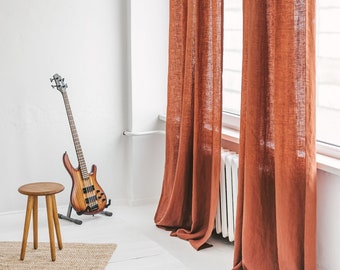 55"/140 Cm Wide Extra Long Linen Curtain, Rust Linen Window Drape, Stonewashed Linen Curtain Panel, Rusty Linen Curtain, Custom Size Curtain