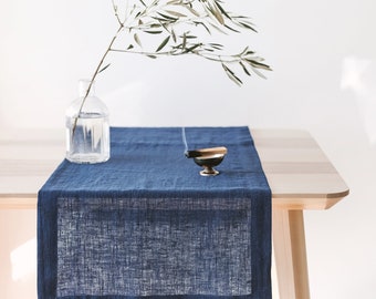 Steel Blue Softened Linen Table Runner, Blue Wedding Table Linens