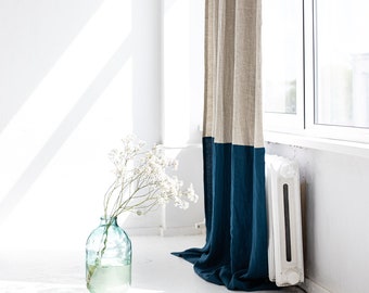 Cortina de lino con bloques de color, beige y azul, opaca, 140 cm de ancho.