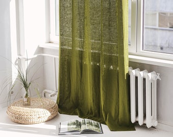 55"/140 Cm Wide Extra Long Moss Green Linen Curtain, Green Linen Window Drape, Stonewashed Linen Window Panel, Custom Size Linen Curtain