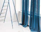 55"/140 Cm Wide Dark Teal Linen Curtain, Blue Linen Window Drape, Extra Long Linen Curtain, Custom Size Linen Curtain