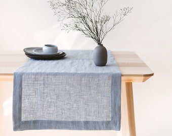 Ice Blue Softened Linen Table Runner, Blue Wedding Table Linens