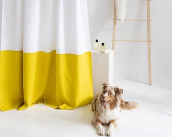72"/183CM Wide Waterproof Color Block Long White Linen Shower Curtain,Water Resistant Linen Bath Curtain,Yellow Natural Linen Douche Curtain