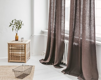 55"/140 Cm Wide Extra Long Linen Curtain, Brown Linen Window Drape, Stonewashed Linen Curtain Panel, Brown Curtain,Custom Size Linen Curtain