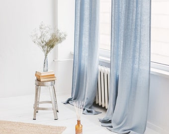 55"/140 Cm Wide Light Blue Linen Curtain, Blue Linen Window Drape, Stonewashed Linen Curtain Panel,  Custom Size Linen Curtain