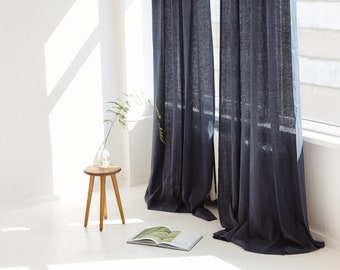 55"/140 cm Wide Gray Linen Curtain, Tab Top Linen Curtain, Long Curtain, Linen Window Drapes Linen Curtain Panel, Stonewashed Linen Curtain