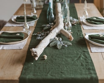 Chemin de table en lin doux, décoration de table en lin naturel, chemins de table lavés à la pierre, linge de table vert foncé, lin, chemin de table ramolli, cadeau en lin