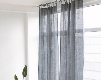 Cortina de lino de 55"/140 cm de ancho con corbatas en la parte superior, cortina de lino gris, cortina de lino personalizada, panel de ventana, cortina de sala de estar, cortina gris de dormitorio