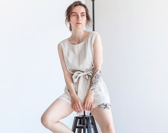 Linen Jumpsuit With Belt, Short Sleeves Linen Overall, Loose Fit Linen Jumpsuit Shorts With Hidden Pockets