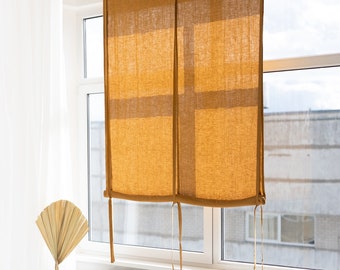 55''/140cm de large Amber Linen Roll Up Store, Store en lin avec attaches, Stores à rouleau en lin, Drapé Noren en lin, Panneau en lin avec poche à tringle