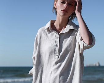 Natural Linen Shirt Dress, Loose Linen Shirt Dress With Buttons, Oversized Linen Dress