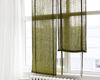 Persiana enrollable de lino verde musgo de 27''/70 cm de ancho, persiana de ventana de lino con corbatas, cortinas enrollables de lino, cortina Noren de lino, panel de lino de bolsillo de varilla