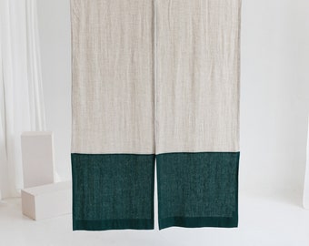 Emerald Color Block Linen Noren Curtain, Japanese Linen Noren, Japanese Curtain Door, Linen Doorway Noren Drape, Rod Pocket Linen Panel