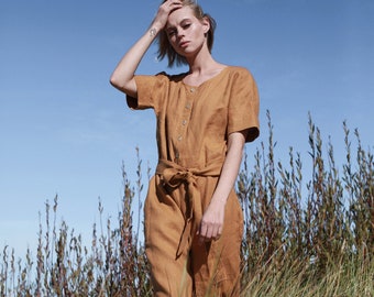 Linen Jumpsuit With Buttons, Short Sleeves Linen Overall, Loose Fit Linen Jumpsuit With Hidden Pockets
