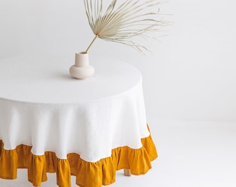 Round Linen Tablecloth With Ruffle,Ruffled Linen Tablecloth, Round Ruffle Linen Table cloth, Round White Linen Table Cloth