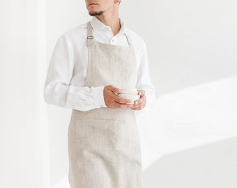 Natural Light Full Linen Apron For Men, Men's Linen Apron With Pocket, Christmas Gift For Him, Unisex Linen Apron