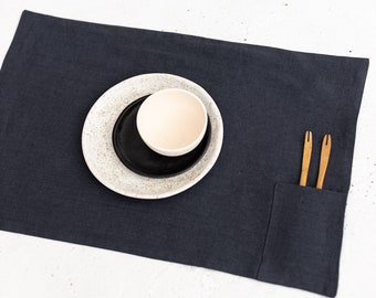 Set of 2 Natural Linen Placemats With Cutlery Pocket, Linen Table Placemat, Undyed Linen Placemats, Linen Table Mats, Dinning Placemats