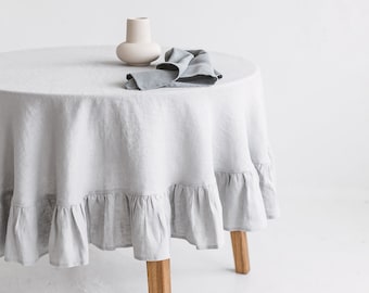 Round Linen Tablecloth With Ruffle,Ruffled Linen Tablecloth, Round Ruffle Linen Table cloth, Round Gray Linen Table Cloth