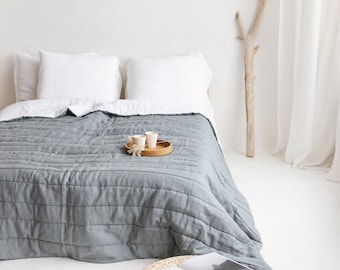 Linen Quilted Bedspread, Grey Linen Bedspread, Linen Quilt, Natural Bed Cover, Linen Bed Throw, Queen Linen Coverlet, King Linen Bed Cover