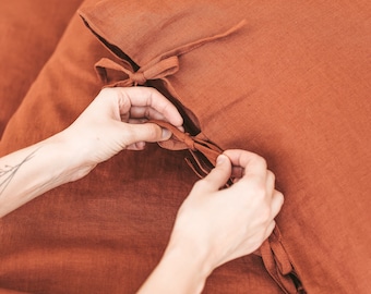 Rust Linen Pillow Cover With Ties, Terracotta Linen Cushion, Linen Pillowslip, Linen Pillowcase, Linen Body Slipcover, Linen Pillow Shams