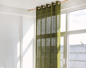 55"/140 Cm Wide Long Linen Curtain with Grommets, Moss green Linen Window Drape, Linen Eyelet Curtain Panel, Linen Grommet Curtain