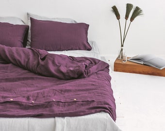 Housse de couette et taies d’oreiller en lin prune, Ensemble de literie en lin avec boutons, Housse en lin Doona avec shams, Ensemble Housse en lin aubergine