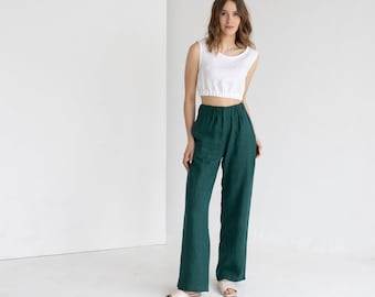 Pantalon femme en lin à jambe large émeraude avec poches, pantalon en lin taille haute avec ceinture élastique, pantalon en lin vert, pantalon long en lin large