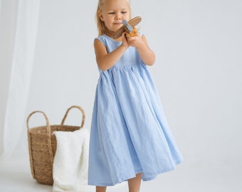 Light Blue Girls Linen Dress,Blue Linen Sleeveless Dress, Toddler Linen Boho Dress, Linen Summer Dress, Girls Casual Linen Dress