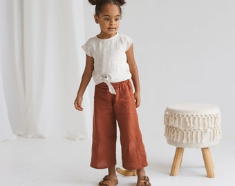 Jupe-culotte en lin pour fille, Pantalons en lin unisexe pour enfants, Pantalons-culotte en lin pour filles, Pantalon large en lin pour fille, Pantalons décontractés en lin pour filles, Pantalons courts et larges