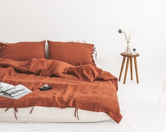 Housse de couette et taies d’oreiller en lin rouille, ensemble de literie en lin boho, housse Doona en lin avec shams, ensemble de housse en lin, ensemble de literie Queen King size