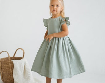 Robe en lin à volants pour fille, Robe sans manches en lin naturel, Robe bohème en lin pour tout-petit, Robe d'été en lin sauge, Robe en lin décontractée pour fille