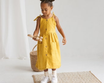 Girls Linen Pinafore Dress, Natural Linen Vintage Dress For Girl, Toddler Linen Boho Dress, Linen Summer Dress, Girls Yellow Linen Dress